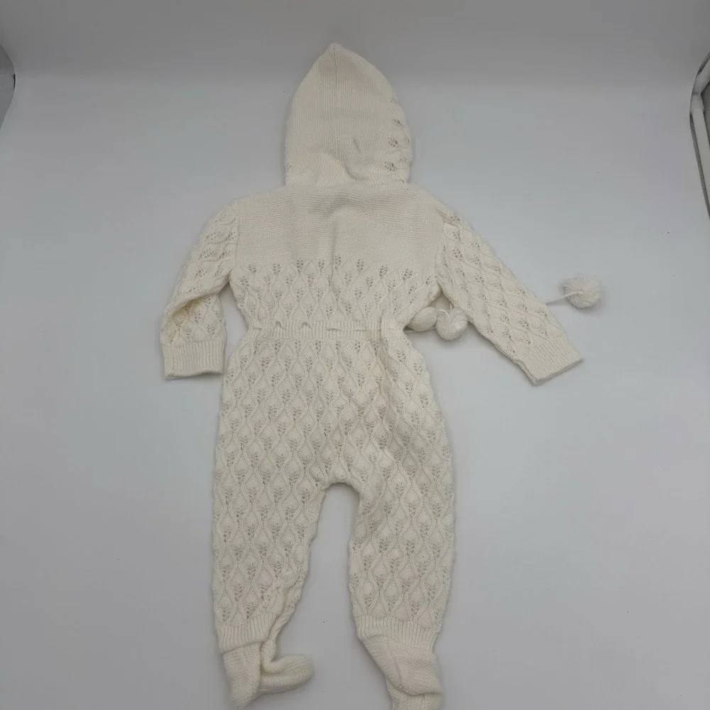 Vtg Renzo Baby Unisex Sz 0-3m White Knit Sleeper‎ Hood Newborn Classic Handmade